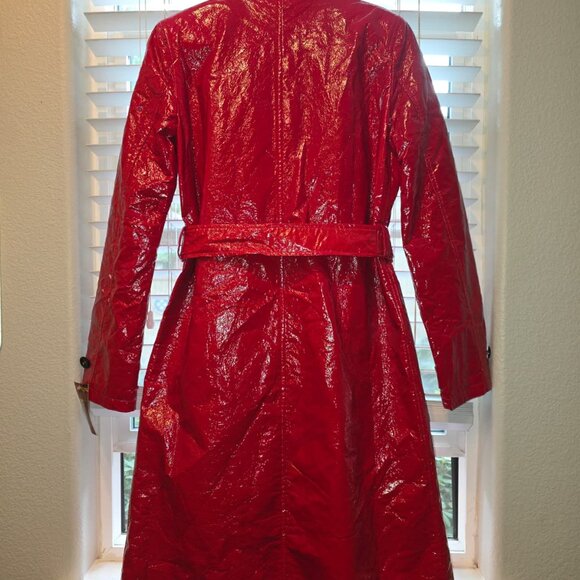 Scoop Red Crinkle Faux Patent Trench Coat — Double-Breasted, Belted (Statement P - Picture 2 of 2